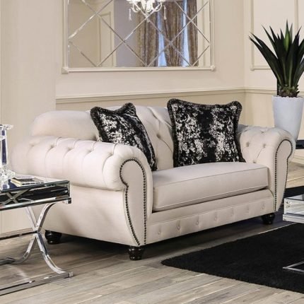 Glam Beige, Black Linen-like Fabric Loveseat Sofa