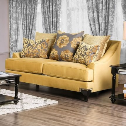 Traditional Gold, Gray Velvet-like Fabric Loveseat Sofa