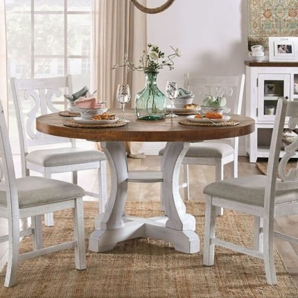 Rustic Distressed White, Distressed Dark Oak Solid Wood Round Dining Table