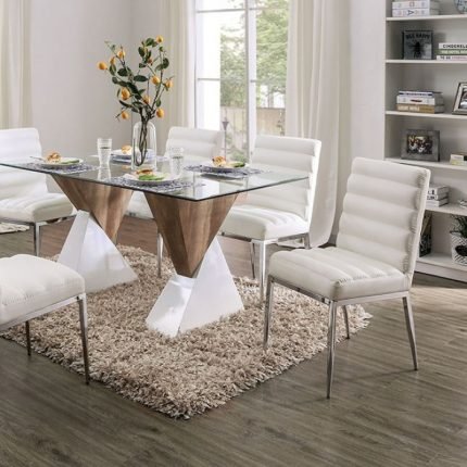 Contemporary White, Natural Tone Metal Dining Table