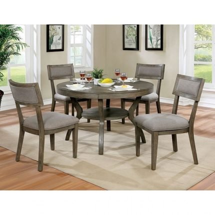 Rustic Gray Fabric, Solid Wood Round Dining Table