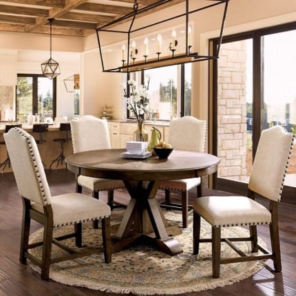 Rustic Light Oak, Beige Fabric, Solid Wood Round Dining Table