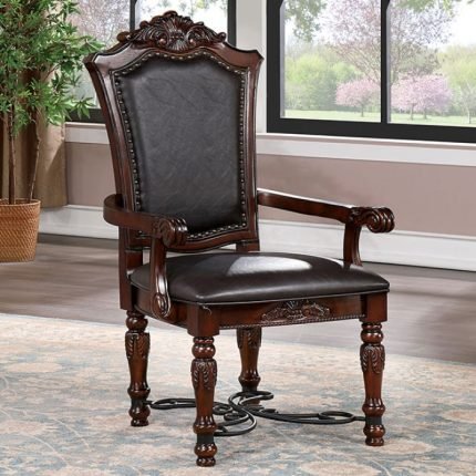 Traditional Brown Cherry/Black Leatherette Two Arm Chairs