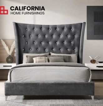 DARK GRAY Wing Back Tufted Headboard Platform Bed - QUEEN - California Home Furnishings