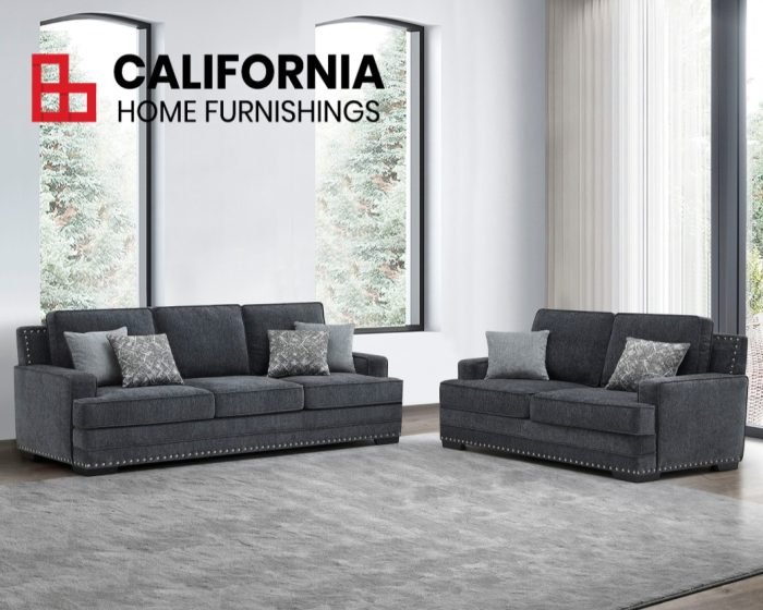 2PC DARK GRAY Fabric Sofa Set w/ 6 Pillows - California Home Furnishings