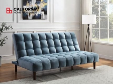 Teal Velvet & Dark Walnut Finish Adjustable Sofa