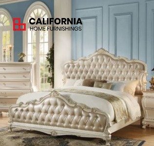 Rose Gold Synthetic Leather & Pearl White Finish Queen Bed