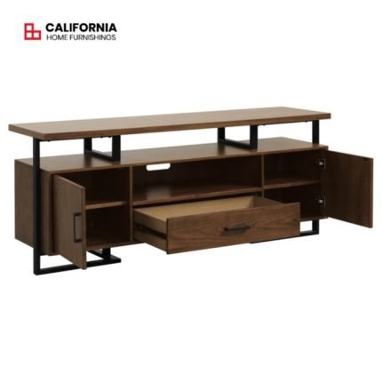 Walnut finish and rustic black metal finish TV stand
