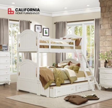 White finish Twin/Full Bunk Bed with Twin Trundle